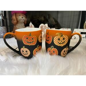 Set of 2 Cobwebs & Cauldrons Orange Checkered Pumpkins Halloween Mug
